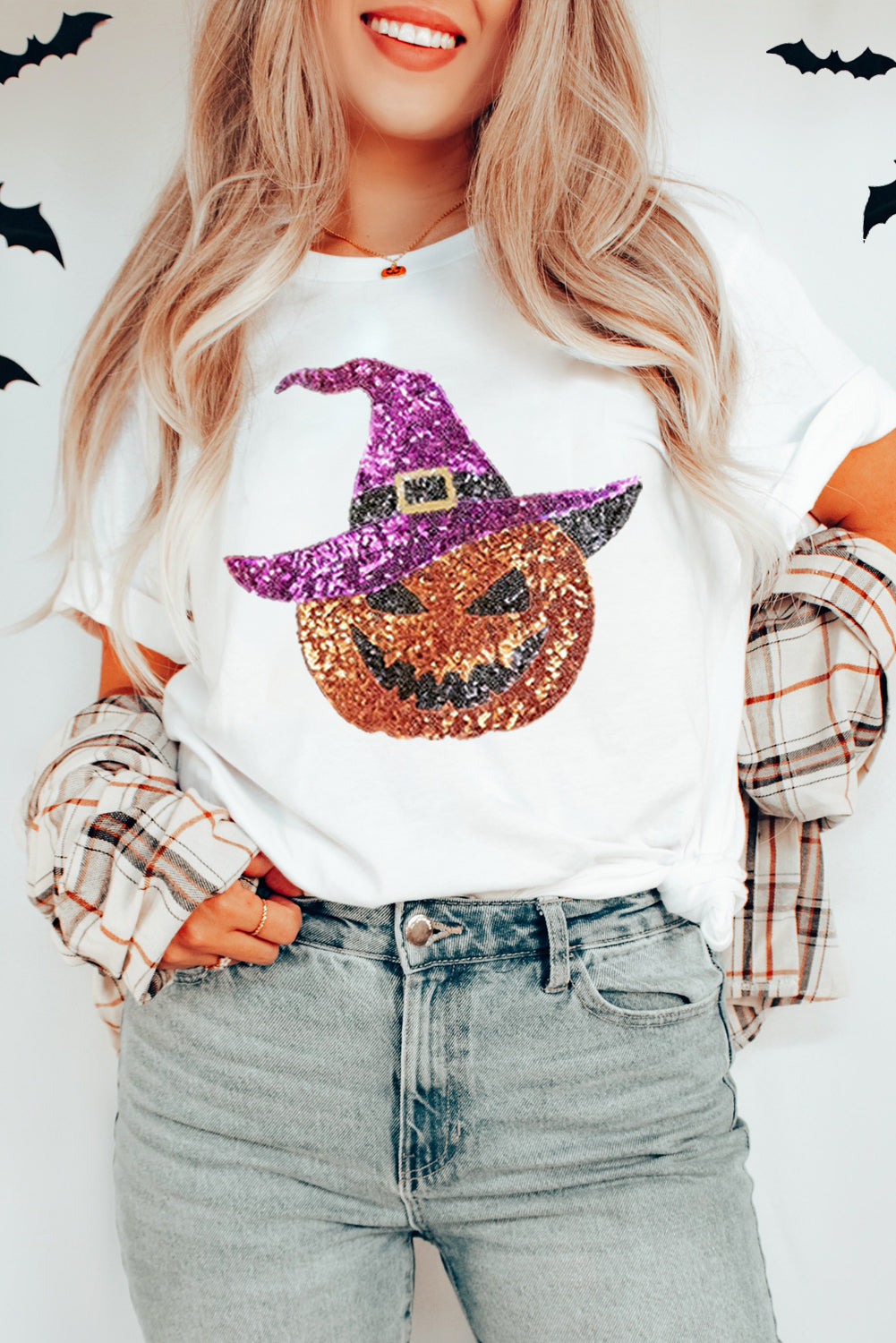 White Halloween Sequined Pumpkin Crewneck Graphic Tee