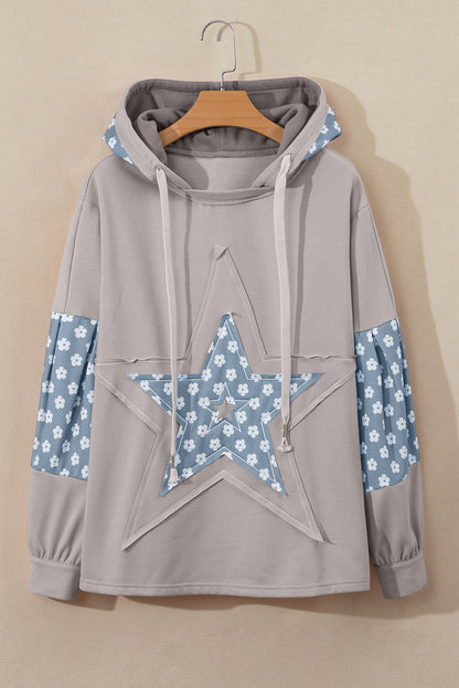 Apricot Floral Patchwork Star Pattern Drawstring Hoodie