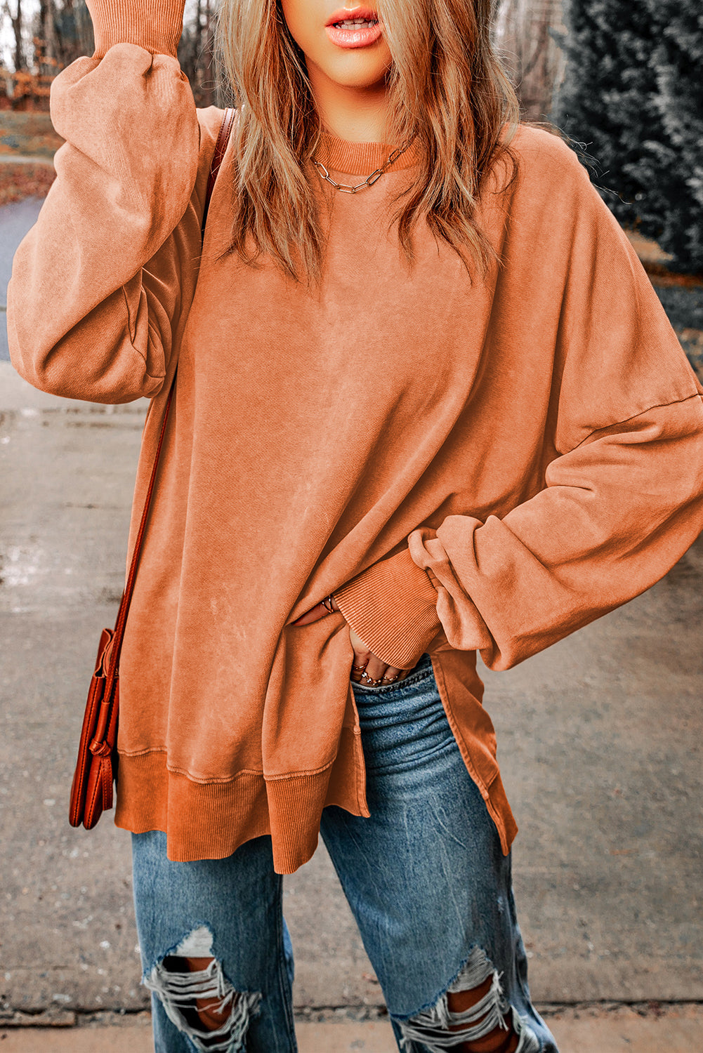 Pink Plain Drop Shoulder Trim Oversized Sweatshirt