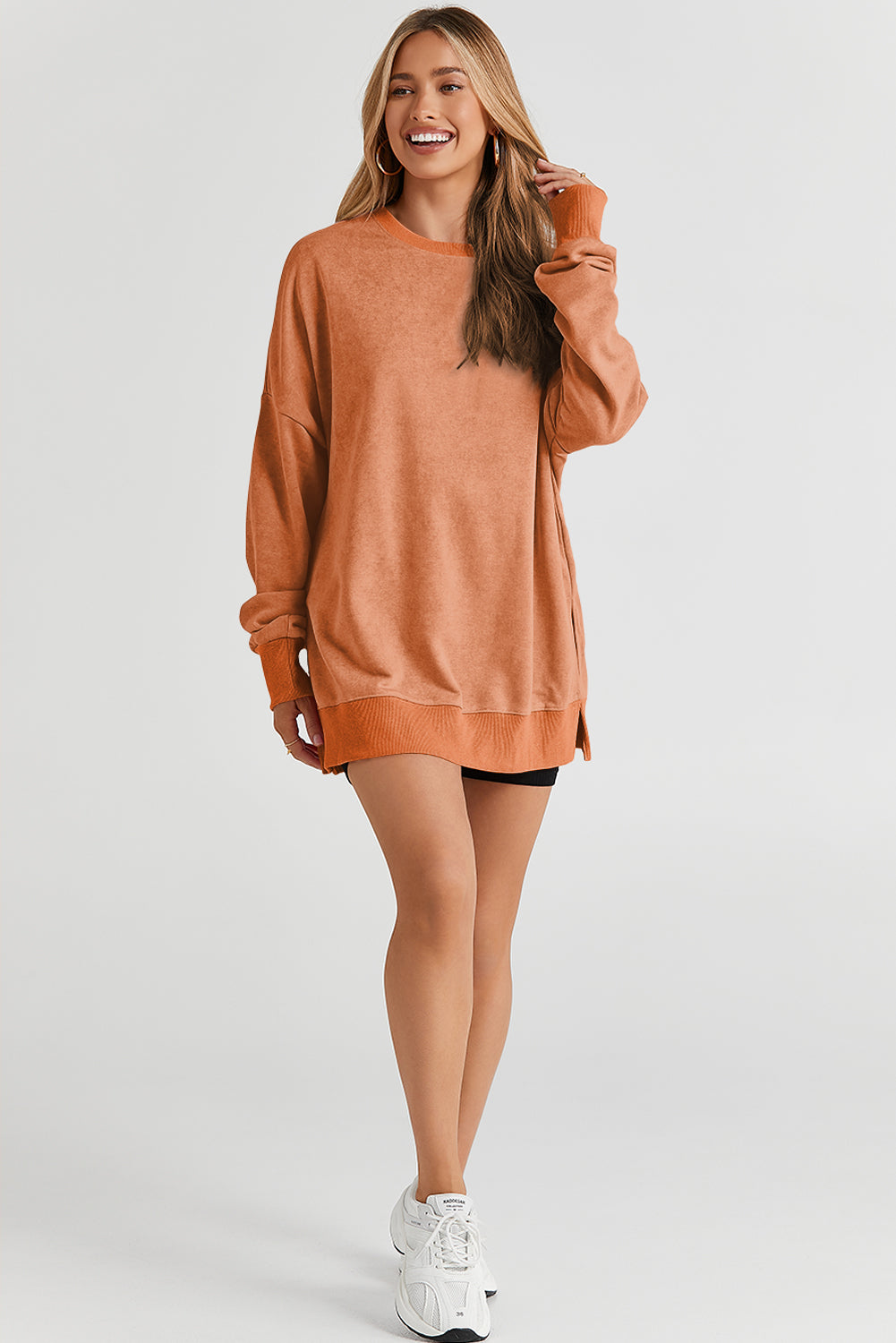 Pink Plain Drop Shoulder Trim Oversized Sweatshirt