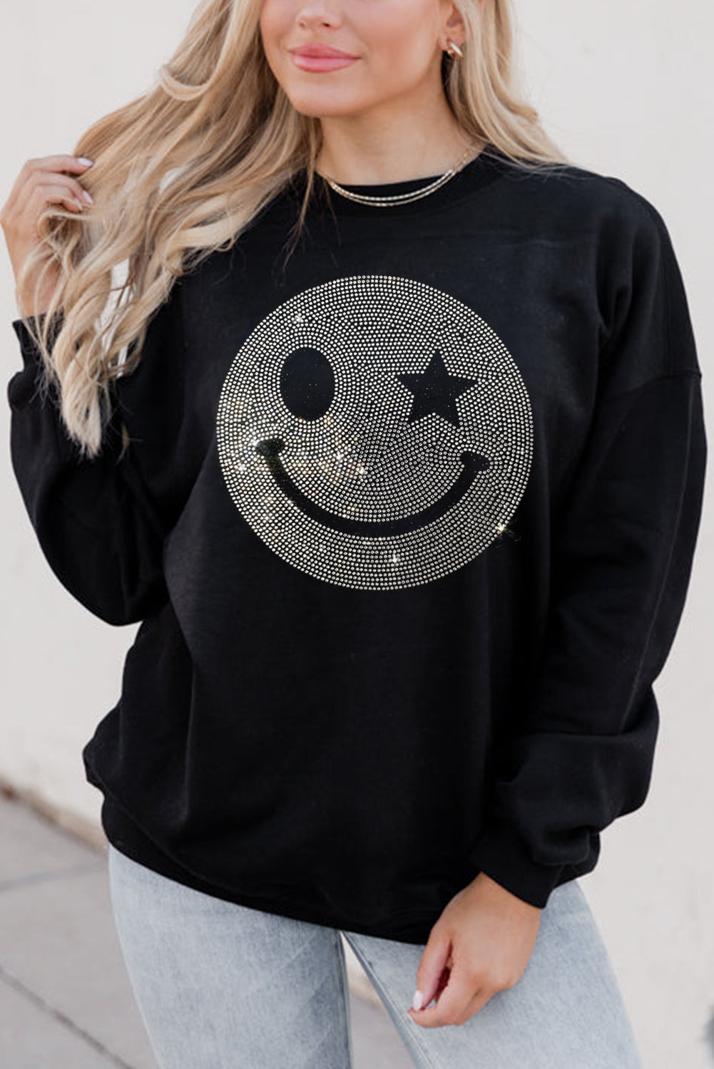 Black Rhinestoned Smile EMOJ Graphic Crew Neck Sweatshirt