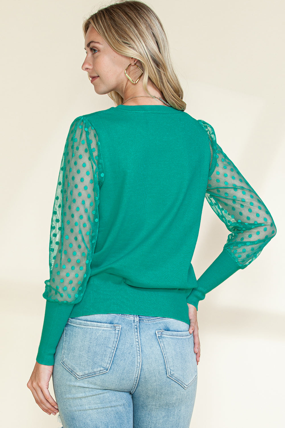 Green Dotted Mesh Puff Sleeve Top