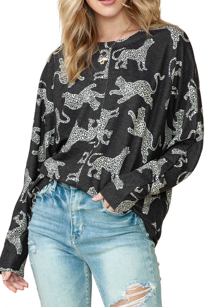 Black Cheetah Print Center Seamed Long Sleeve Top