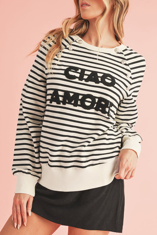 Black Stripe CIAO AMORE Graphic Buttoned Sweatshirt