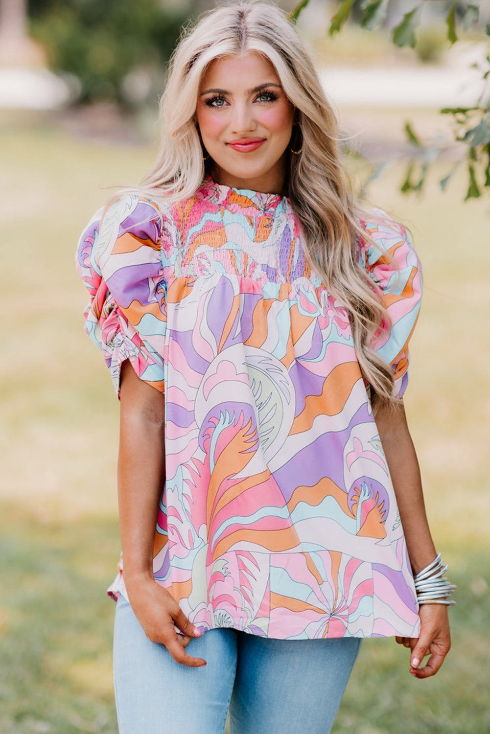 Pink Abstract Print Smocked Bubble Sleeve Blouse