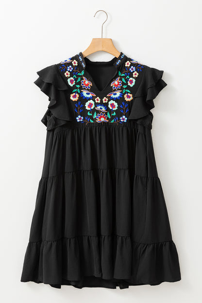 Black Floral Embroidered Frill Neck Ruffle Babydoll Tiered Dress