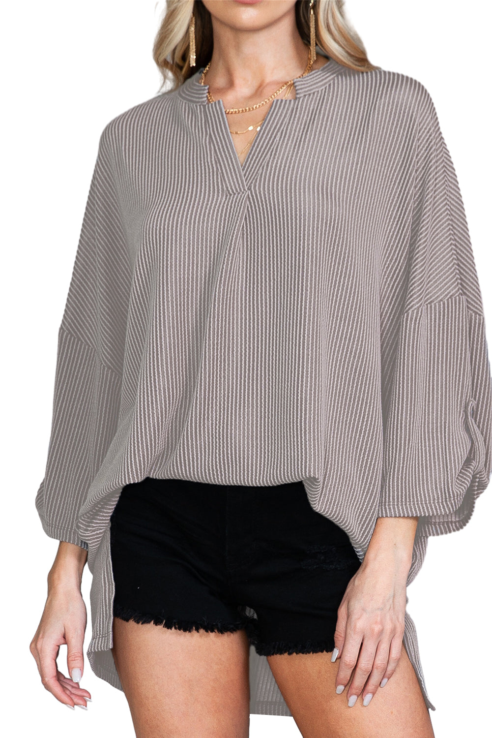 Grey V Neck Drop Sleeve Ribbed Top