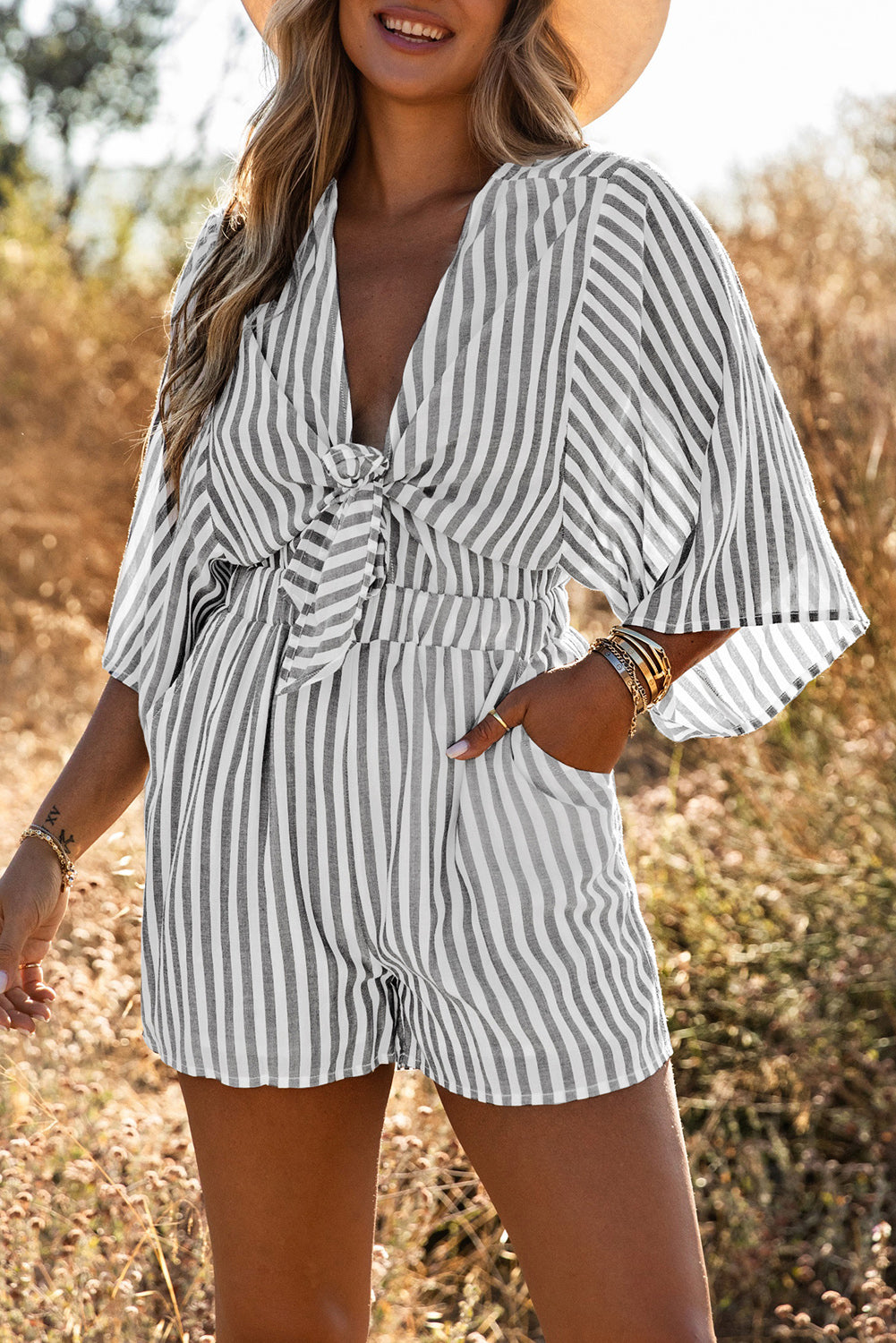 Grey Striped Print Tie Knot Front Romper With Pockets