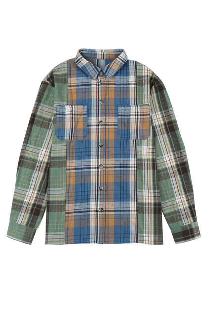 Green Plaid Colorblock Casual Pockets Button Up Shacket