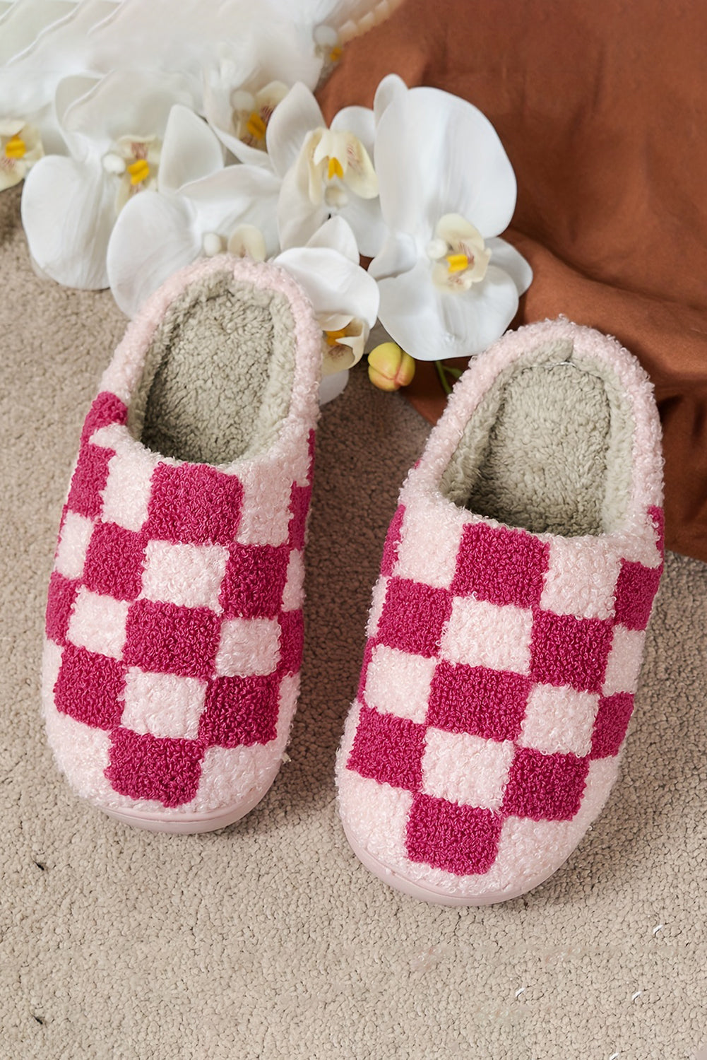 Grass Green Checkered Print Fuzzy Slip On Winter Slippers