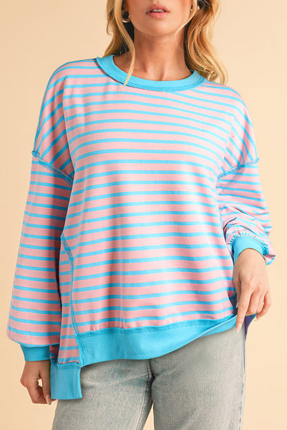 Sky Blue Stripe Contrast Trim High Low Tunic Sweatshirt