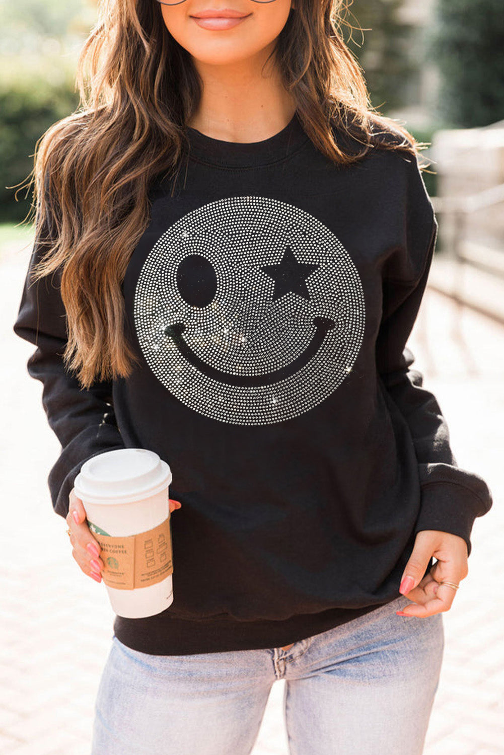 Black Rhinestoned Smile EMOJ Graphic Crew Neck Sweatshirt