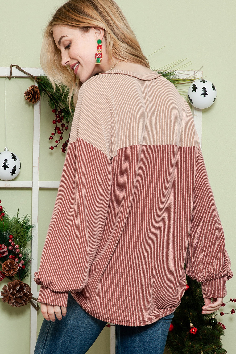 Floral Splicing Ribbed Drop Shoulder Long Sleeve Top