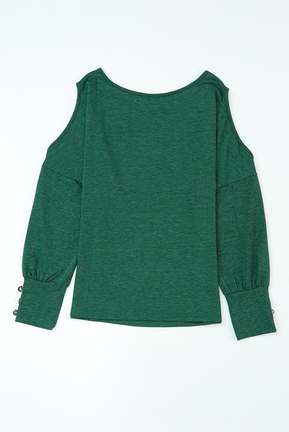 Green Boat Neck Asymmetric Cutout Long Sleeve Top