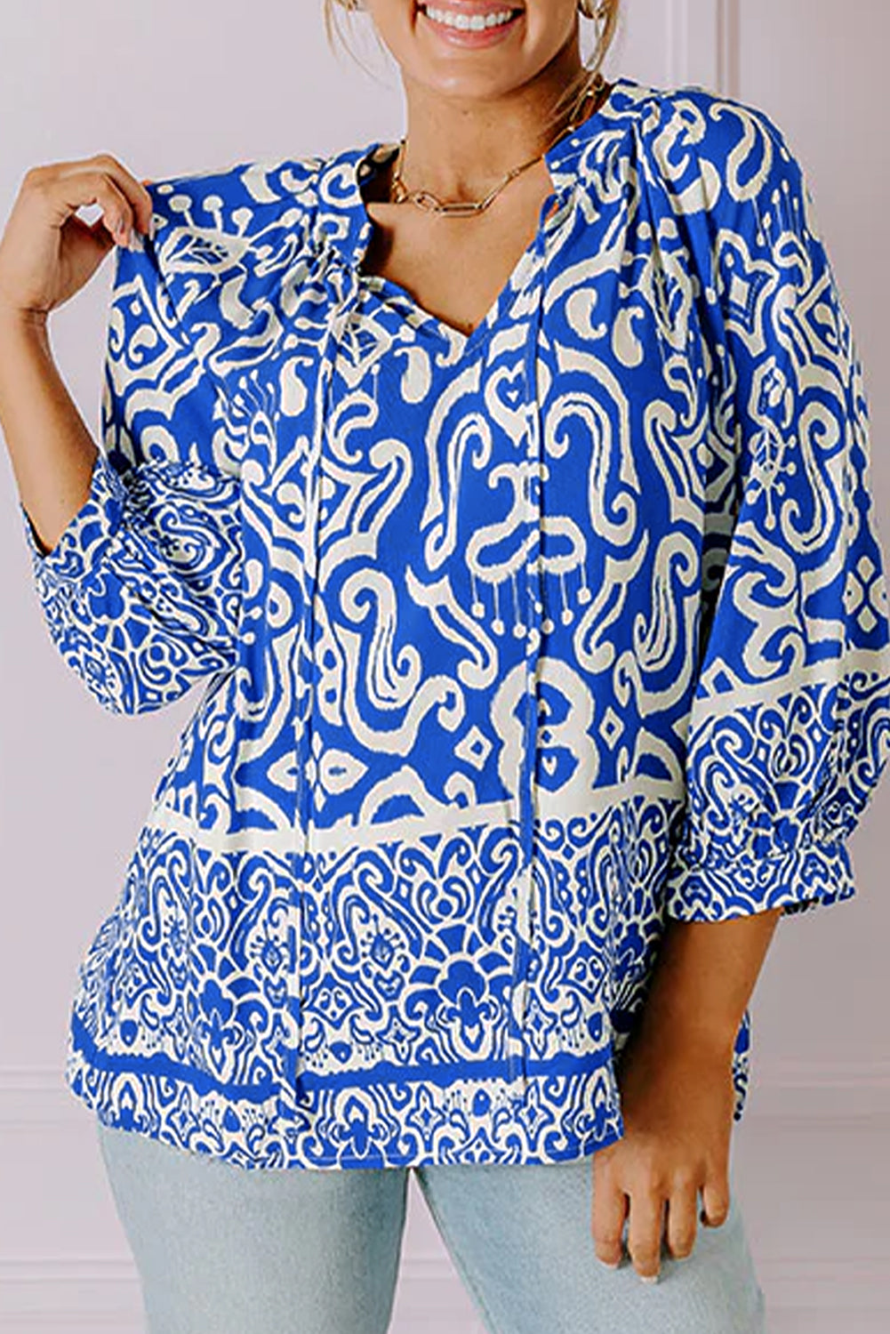 Blue Boho Abstract Print 3/4 Sleeve Tie Neck Blouse