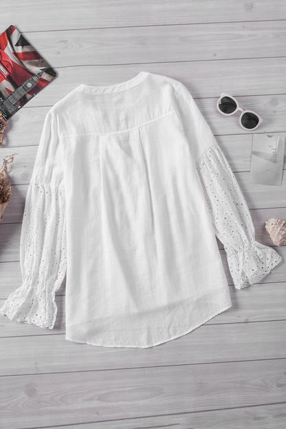 White Casual Eyelet Button Up Blouse for Women