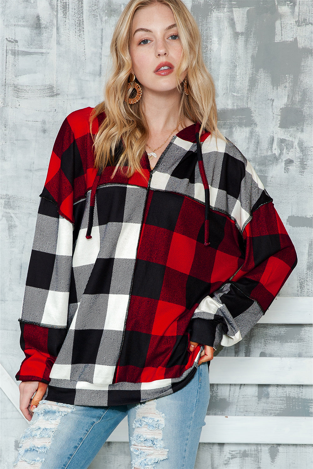 Multicolor Patchwork Buffalo Plaid Hooded Top