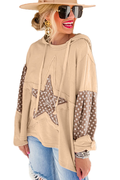 Apricot Floral Patchwork Star Pattern Drawstring Hoodie