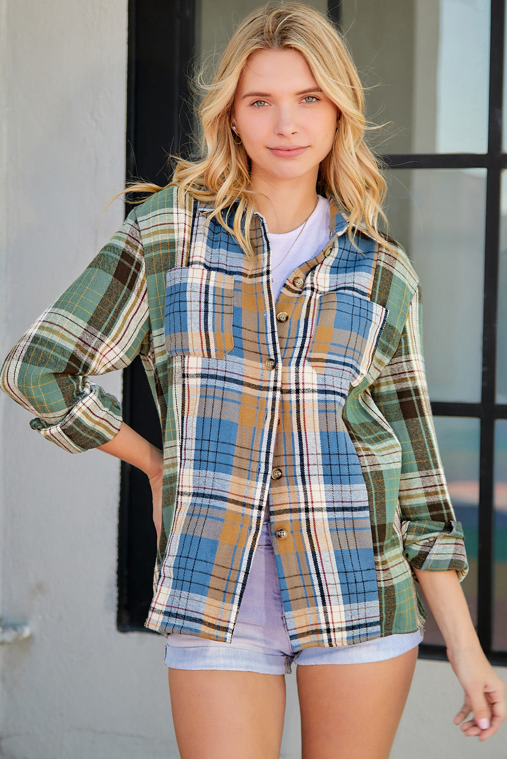 Green Plaid Colorblock Casual Pockets Button Up Shacket