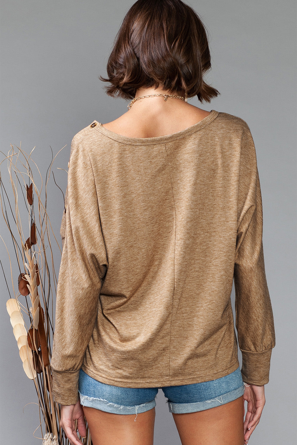 Gray Solid Color Button Decor Dolman Sleeve Top