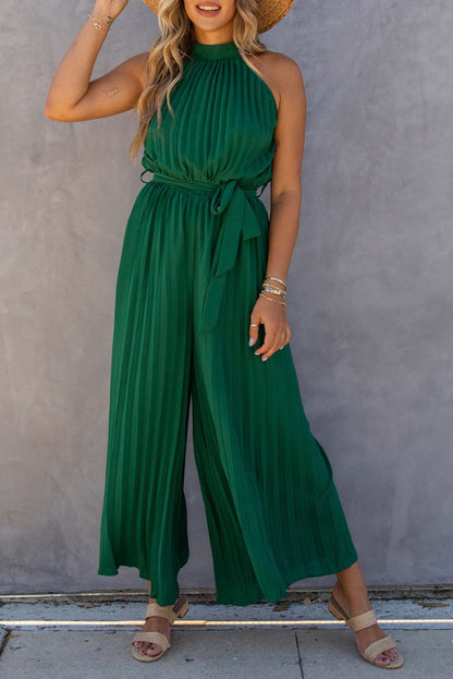 Black Elegant Halter Neck Belted Wide Leg Jumpsuit