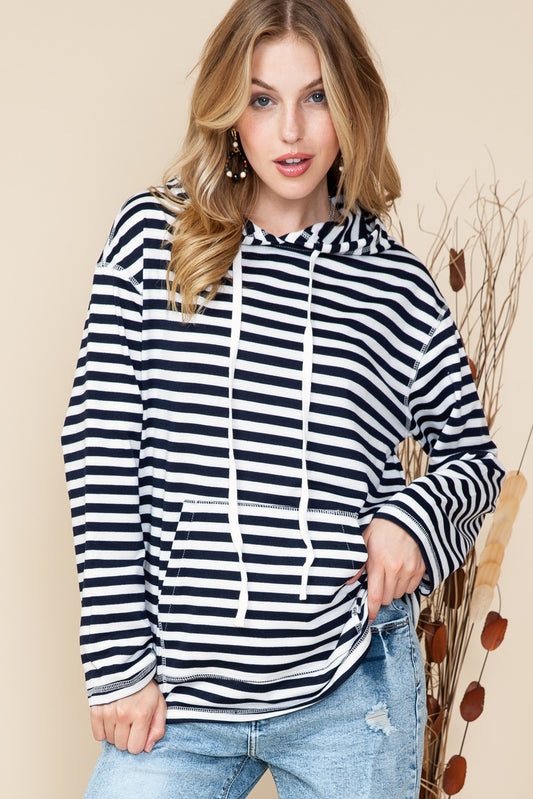 Stripe Print Kangaroo Pocket Drawstring Hoodie