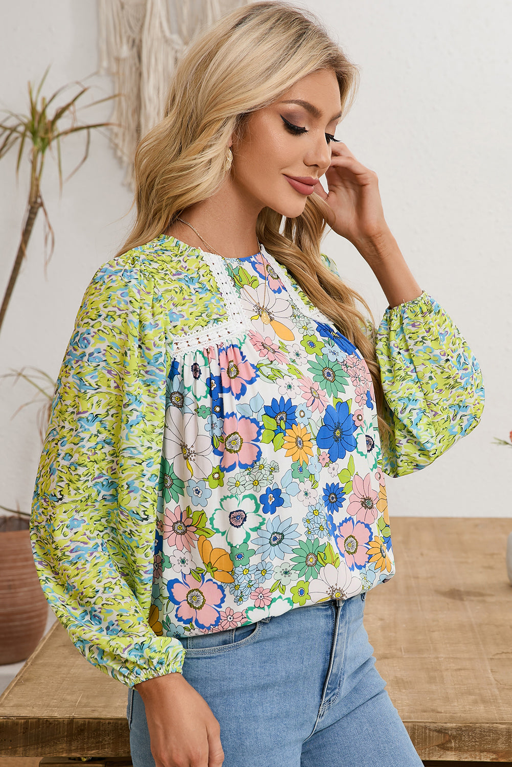 Green Bubble Sleeve Lace Detail Mixed Floral Blouse