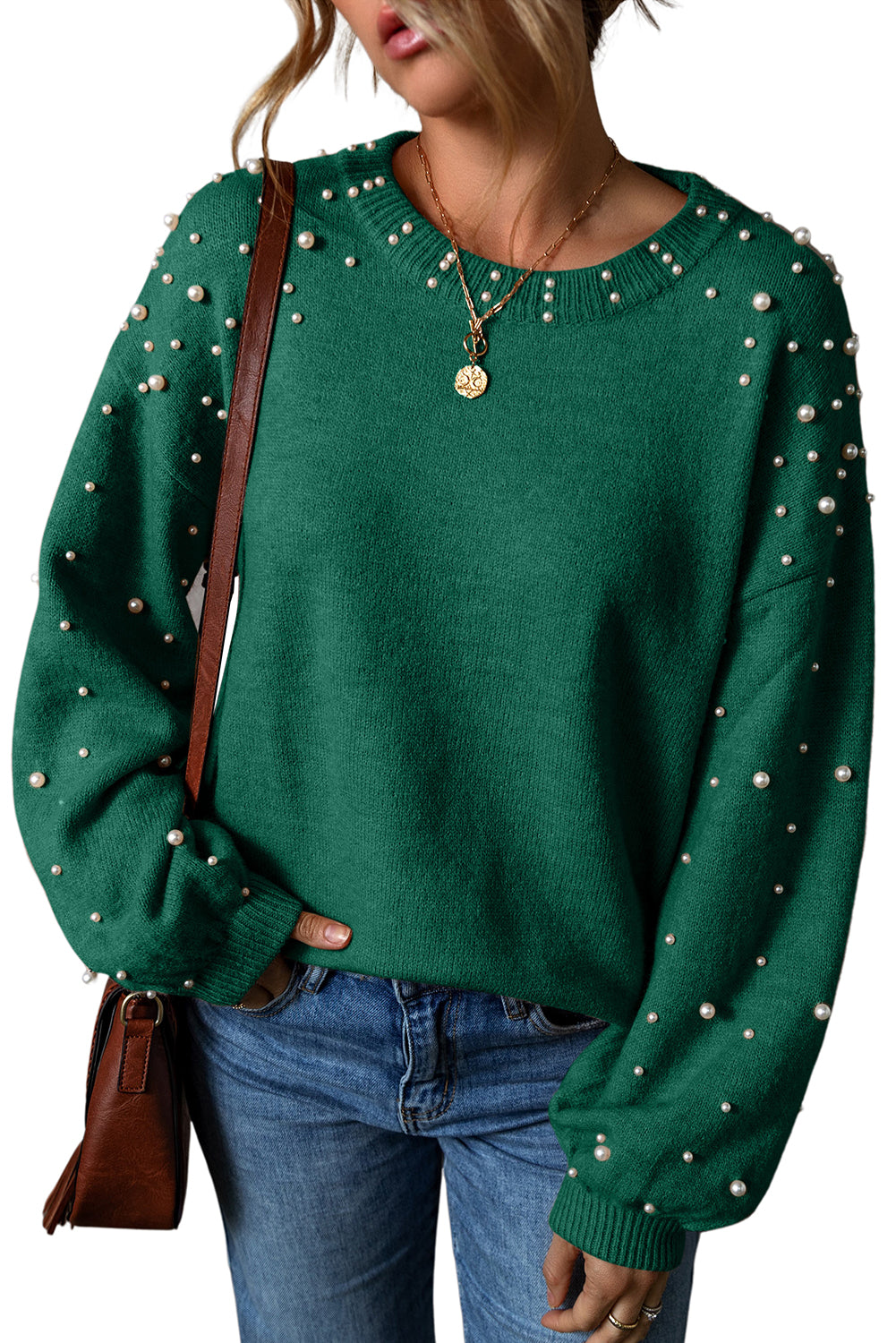 Evergreen Pearl Drop Shoulder Round Neck Sweater