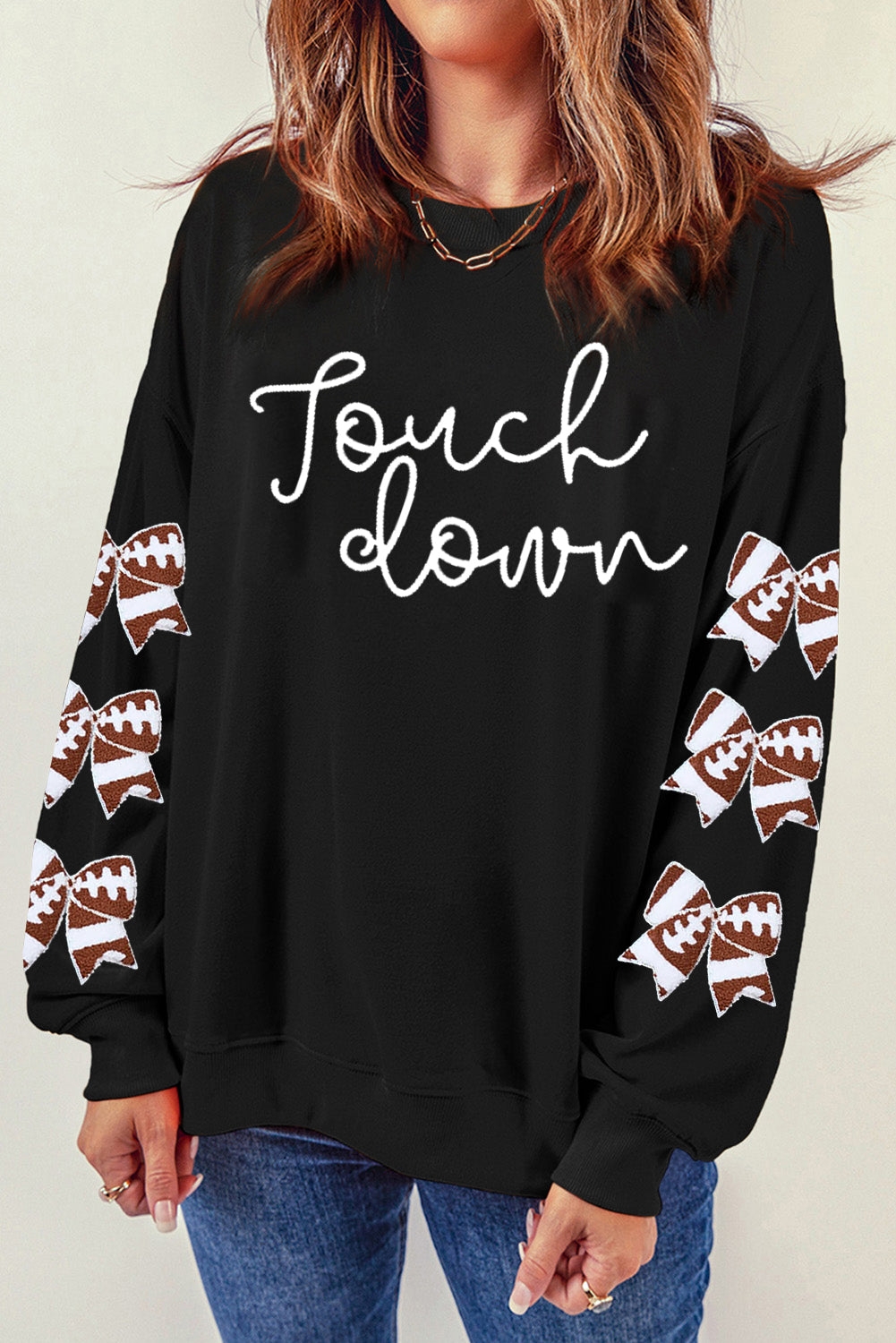 Black Touch Down Letter Bow Print Graphic Sweatshirt