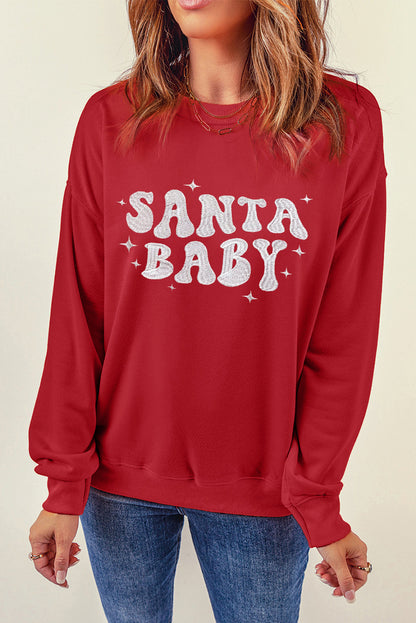 Red SANTA BABY Embroidered Crewneck Christmas Sweatshirt