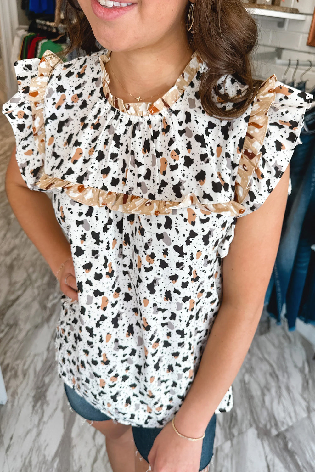 White Leopard Print Frilled Neck Ruffle Blouse