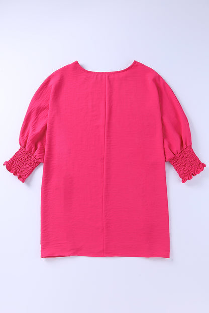 Pink Casual Shirred Cuffs Half Sleeve Top