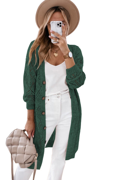 Khaki Button Up Hollow Out Loose Long Cardigan