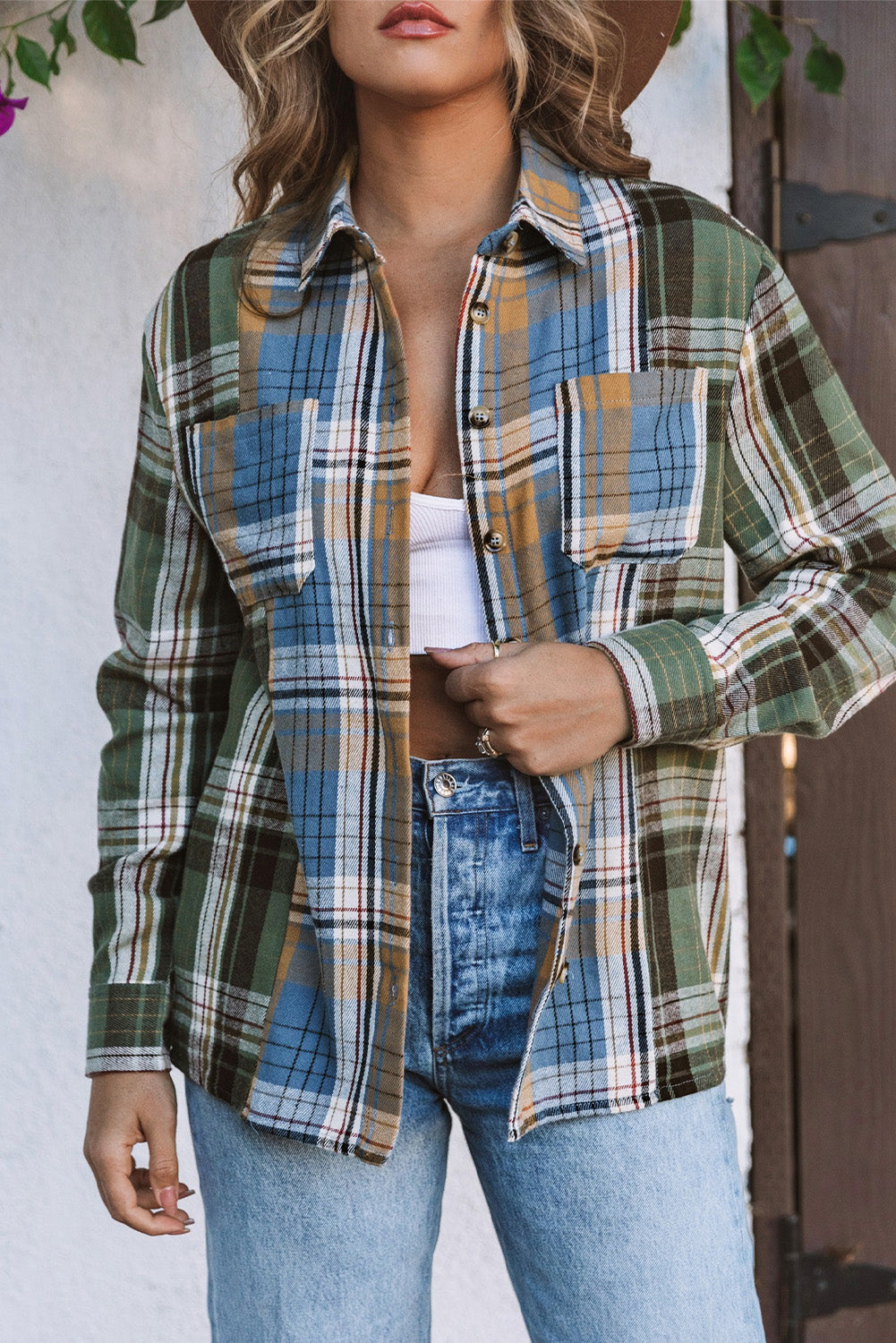 Green Plaid Colorblock Casual Pockets Button Up Shacket