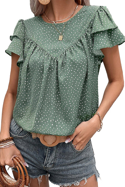 Laurel Green Spot Print Pleat Ruffle Sleeve Blouse