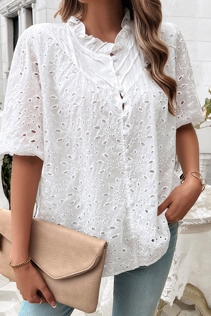 White Frill Neck Puff Sleeve Button Eyelet Blouse