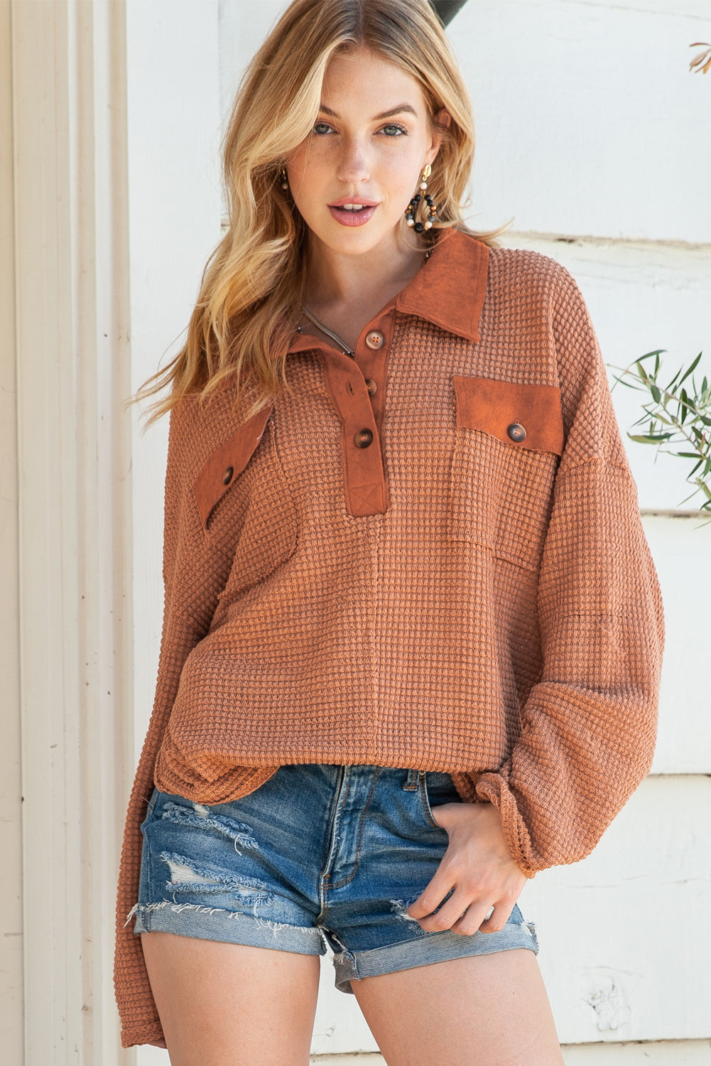 Brown Waffle Knit Button Contrast Trim Long Sleeve Top