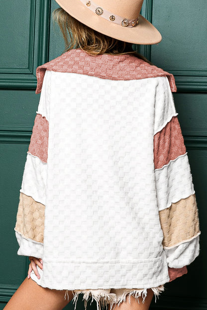 White Patchwork Lantern Sleeve Collared Top