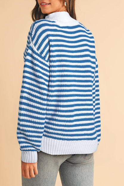 Khaki Stripe Zip Up Collar Drop Sleeve Sweater