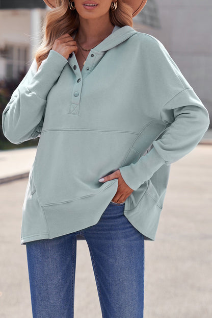 Grey Batwing Sleeve Casual Pocket Henley Hoodie