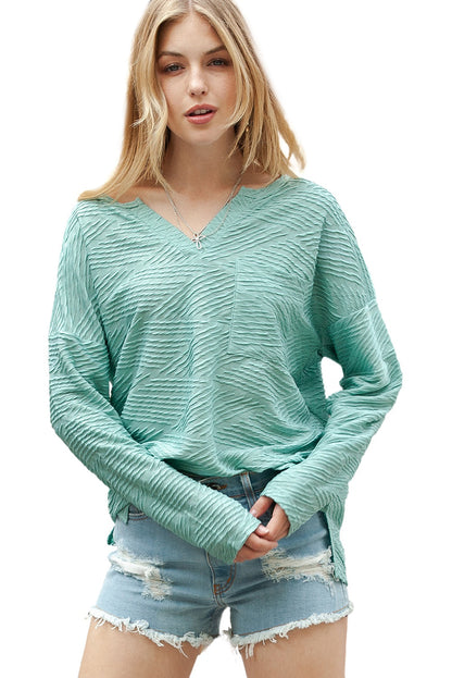 Green Textured Split V Neck Long Sleeve Top