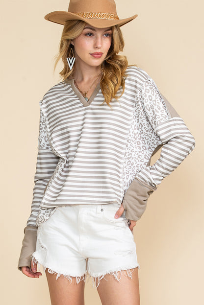 White Striped and Leopard Patchwork V Neck Long Sleeve Top