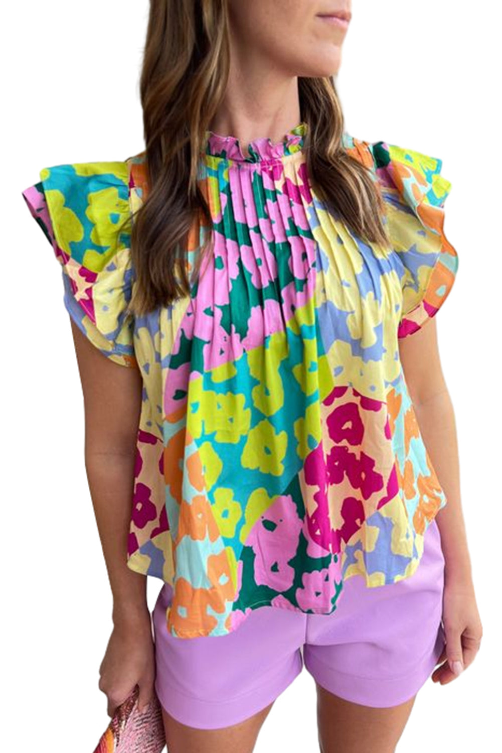 Multicolor Abstract Print Layered Ruffle Sleeve Pleated Blouse