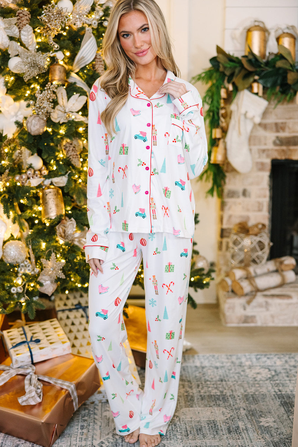 White Christmas Print Lapel Shirt and Pants Pajama Set