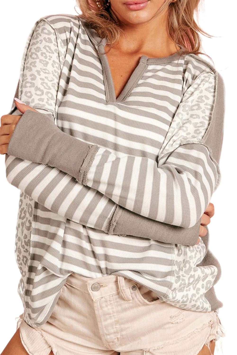 White Striped and Leopard Patchwork V Neck Long Sleeve Top