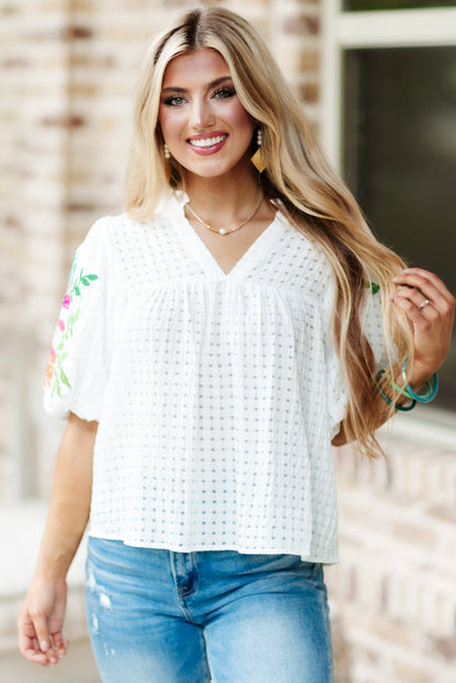 White Floral Embroidered Puff Sleeve Notched Neck Blouse