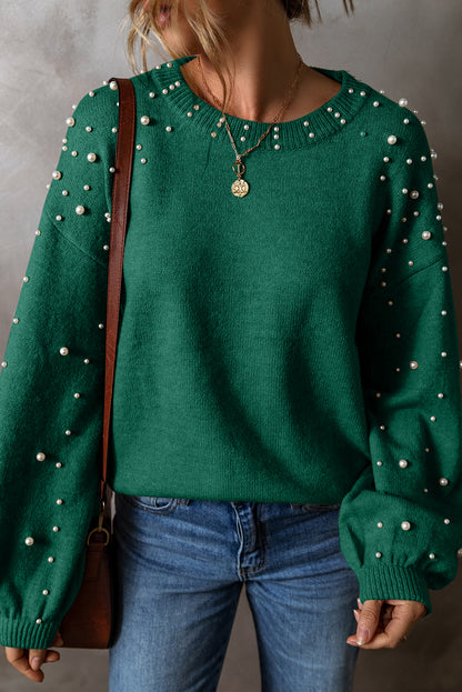 Evergreen Pearl Drop Shoulder Round Neck Sweater