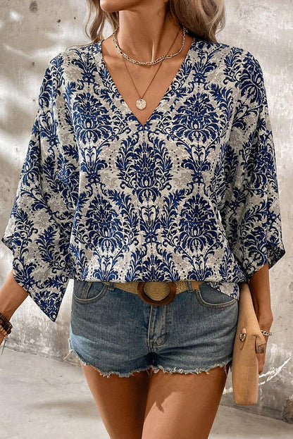 Blue Bohemian Print V Neck Flounce Sleeve Blouse