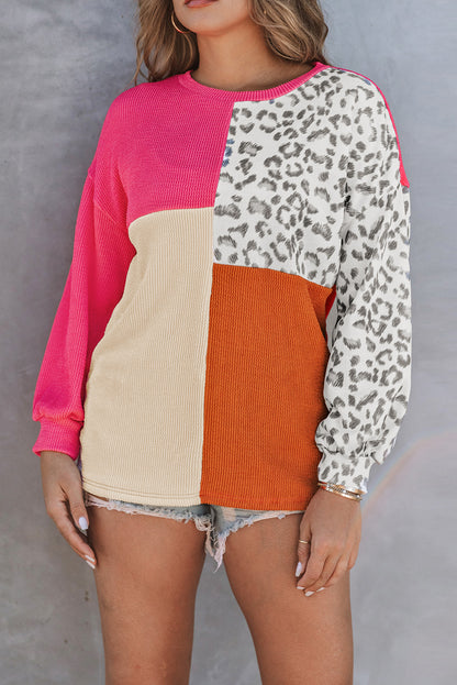 Rosy Leopard Patchwork Color Block Ribbed Long Sleeve Top