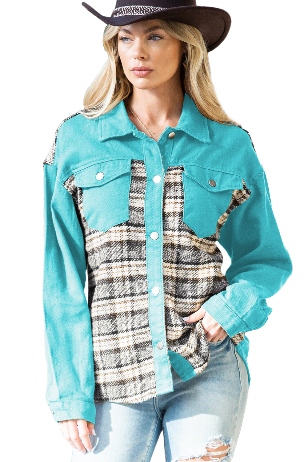 Brown Plaid Patchwork Pockets Denim Jacket